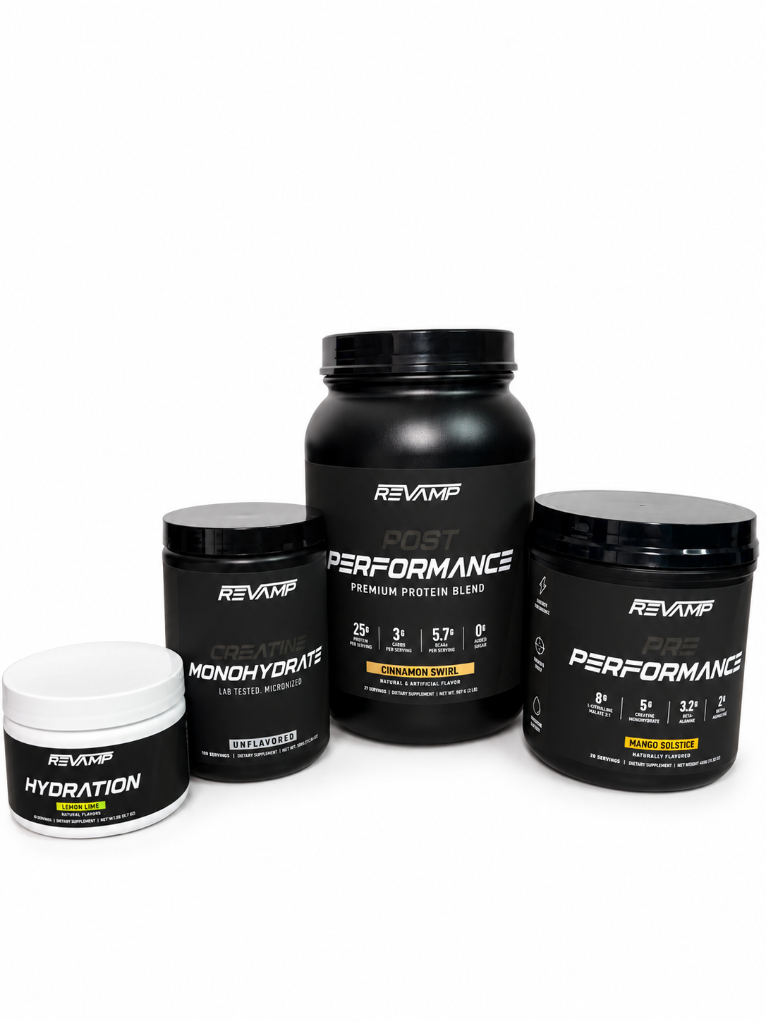 ReVamp supplement stack featuring Hydration in Lemon Lime, unflavored Creatine Monohydrate, Post-Performance protein in Cinnamon Swirl, and Pre-Performance in Mango Solstice on a white background.